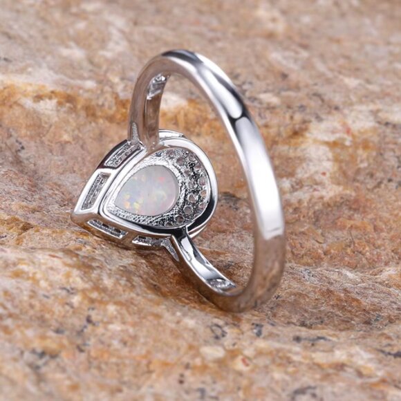 NEW 14k White Gold Opal Diamond Ring Pear Cut Tear Drop Opal Ring - Picture 4 of 4